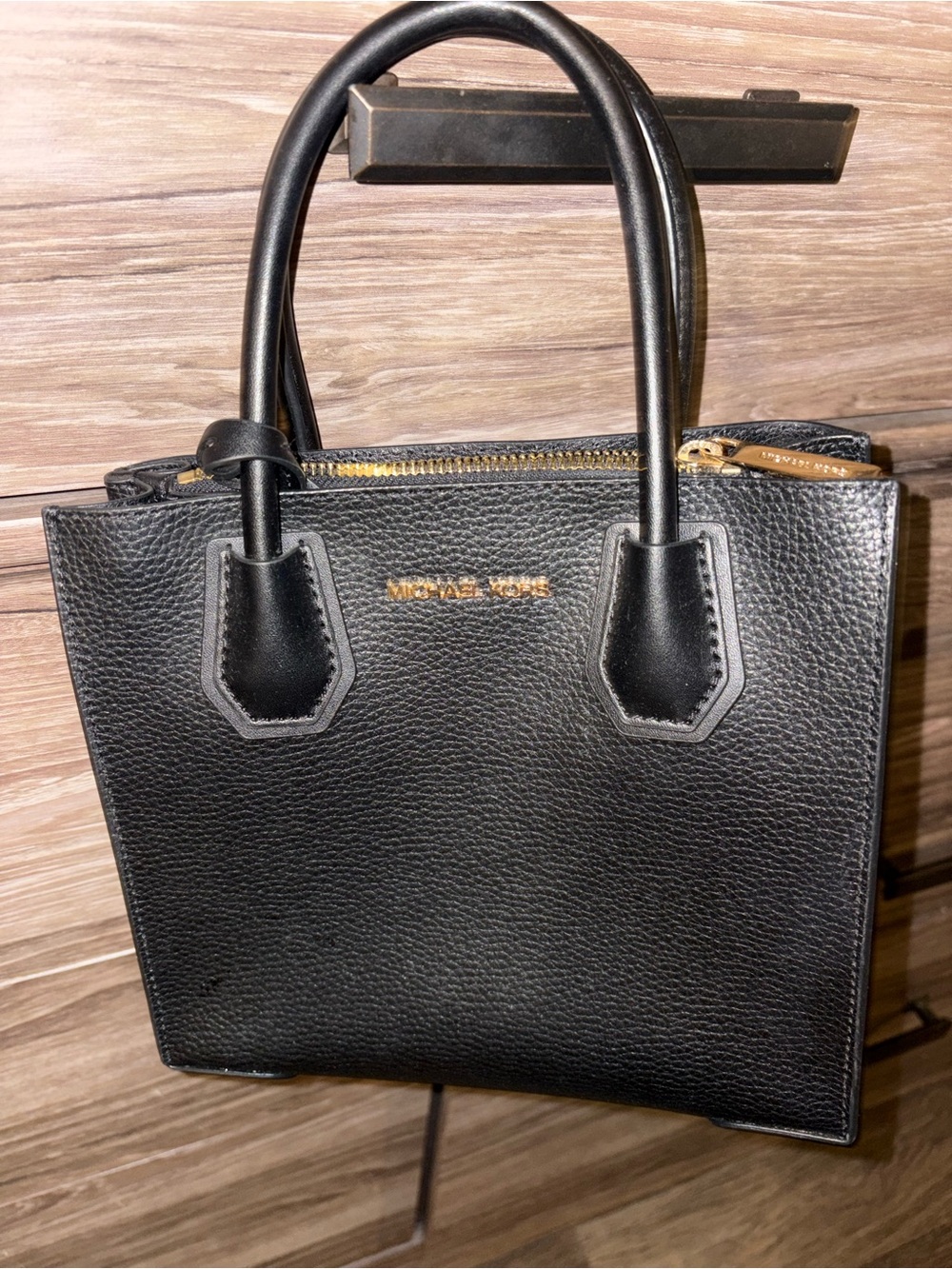 Michael Kors Black Leather Structured Mini Satchel with Gold Hardware